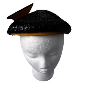 Vintage 1950’s Black Plasticized Straw Hat With Yellow Velvet Trim